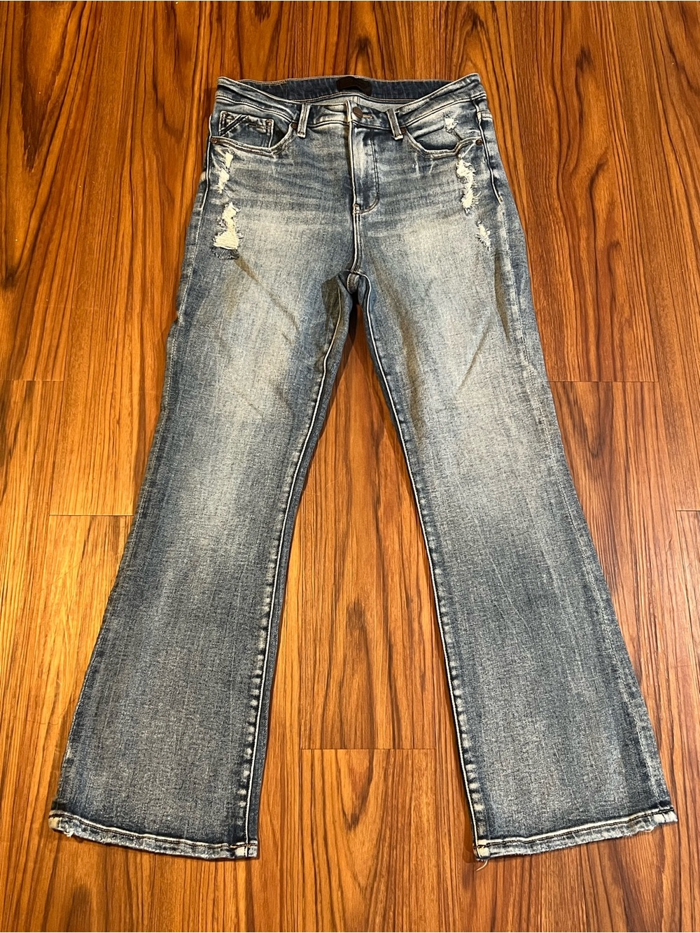 Buckle Women's Faded Blue Bootcut Jeans with Distressing